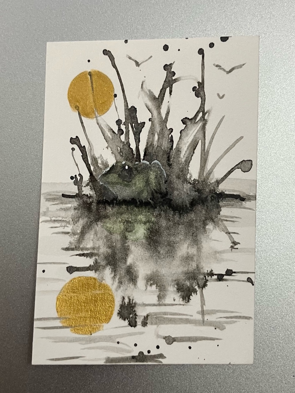 Original frog painting amphibian art miniature realist sumi-e style artwork